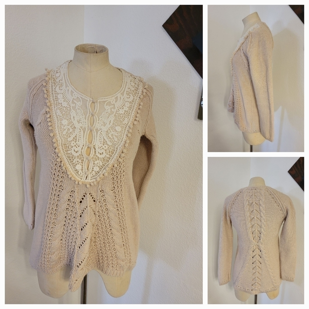 Anthropologie Angel Of The North Sz S Sweater Crochet Lace Mini Pompoms